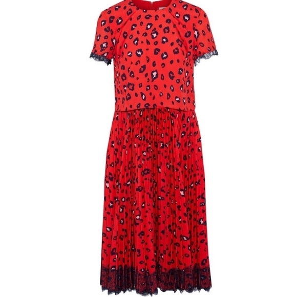 MIKAEL AGHAL Red Leopard‎ Pleated Midi Dress Lace Trim Size 6 - Picture 2 of 12